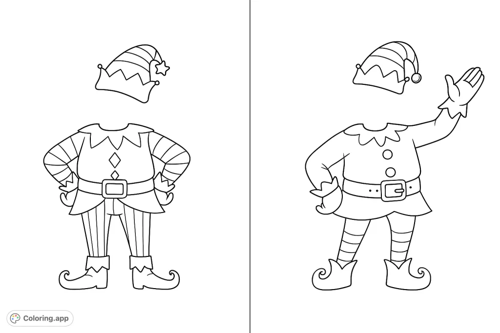 Two charming elf costume designs, complete with hats and accessories, ready for a splash of holiday spirit. Perfect for festive coloring!