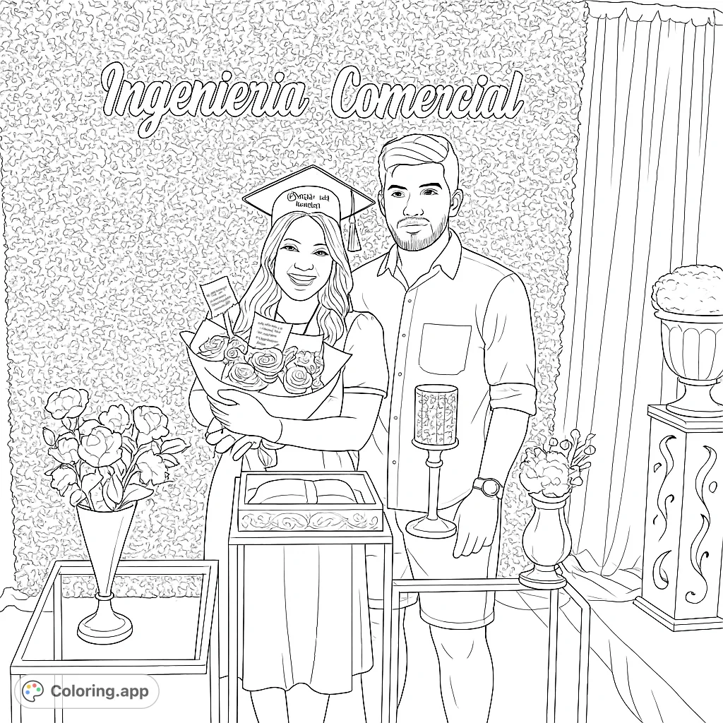 Celebrate achievement with this graduation coloring page! Features a smiling graduate with bouquets and a supportive companion, amidst festive decorations.