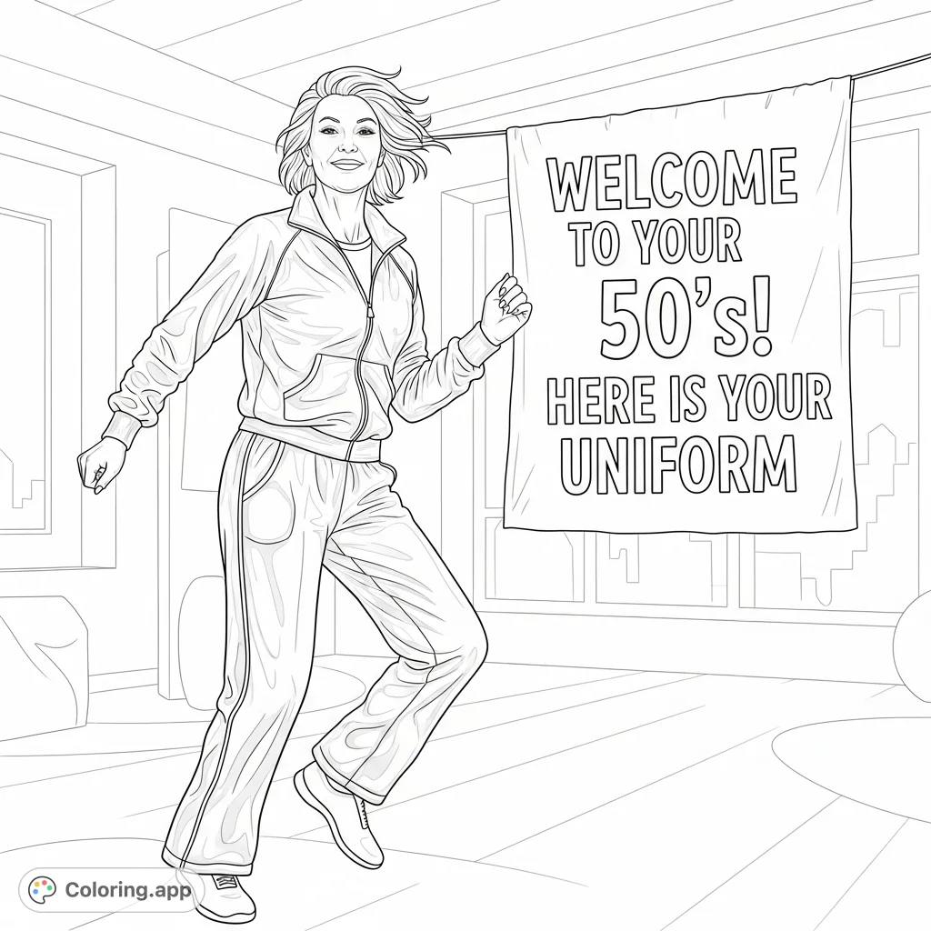 Celebrate the big 5-0 with an active woman in a stylish velour track suit! Featuring celebratory text, this dynamic Fifties uniform coloring page offers fun and empowerment.