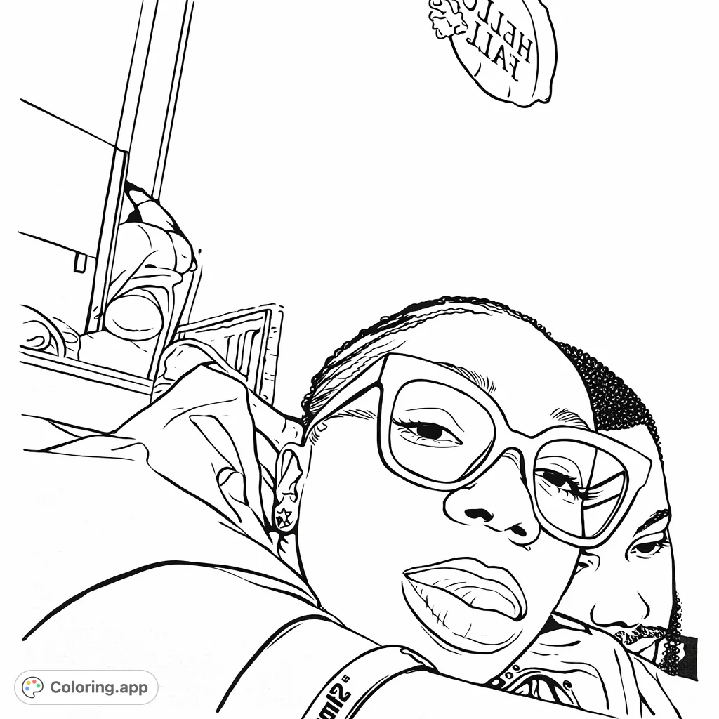 Capture connection with this close-up portrait featuring two individuals. The foreground subject wears stylish glasses, perfect for detailed coloring and personal expression.