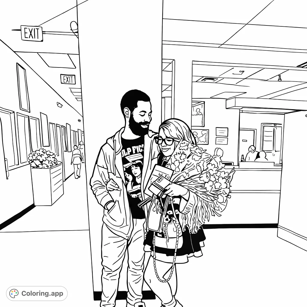 A touching celebration coloring page featuring a couple embracing in a hallway, holding a beautiful floral bouquet. Perfect for adult coloring pages.