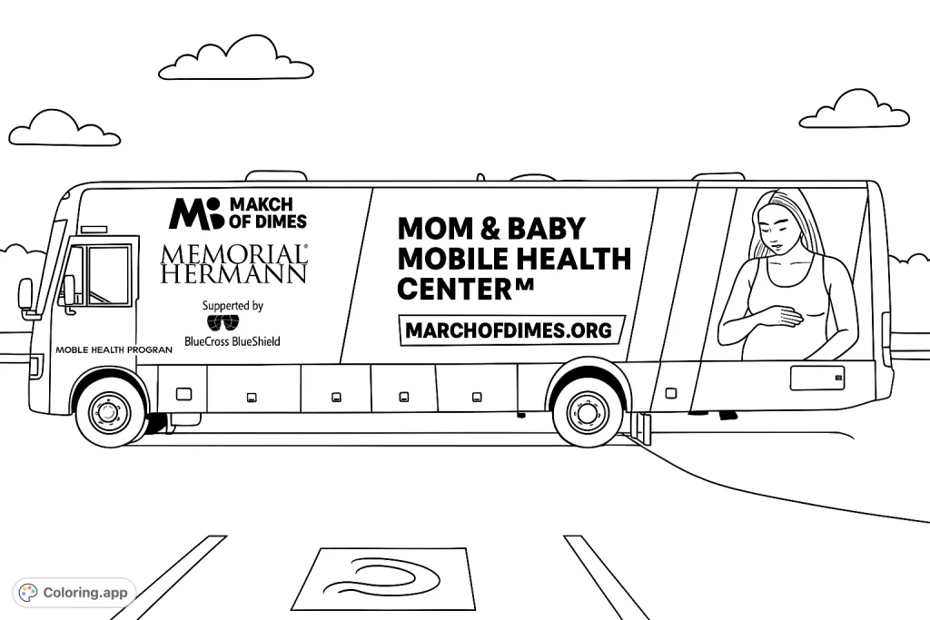 Explore a detailed mobile health center bus, featuring a pregnant woman and healthcare logos. Perfect for learning about community health services.