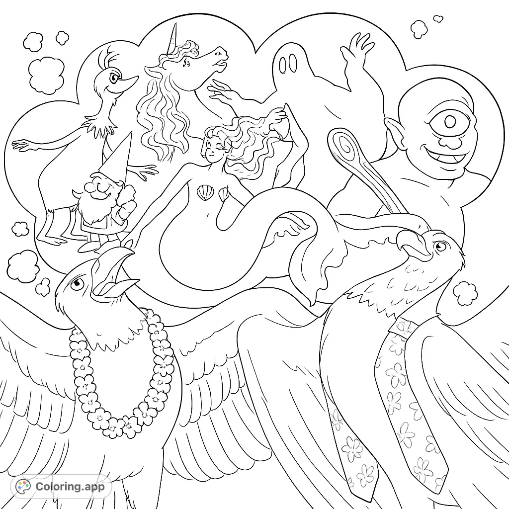 Explore a fantastical realm with two majestic birds and a cloud full of whimsical characters like a unicorn, mermaid, cyclops, and gnome. Perfect for imaginative minds!