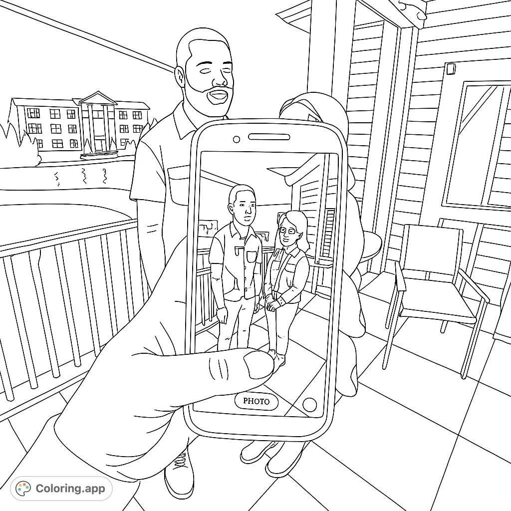 Capture a modern moment with this smartphone scene coloring page. Features a hand holding a phone, two figures, and an evening backdrop.