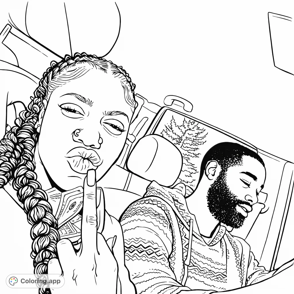 A dynamic coloring page featuring two individuals in a car, with one making a playful expression and showing bills, set against an outdoor view.