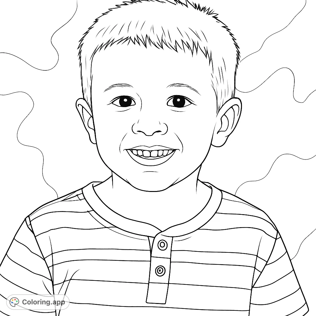 Capture the joyful expression of a happy child with this engaging portrait. Featuring a wide smile and striped shirt, it's perfect for personalized coloring fun!