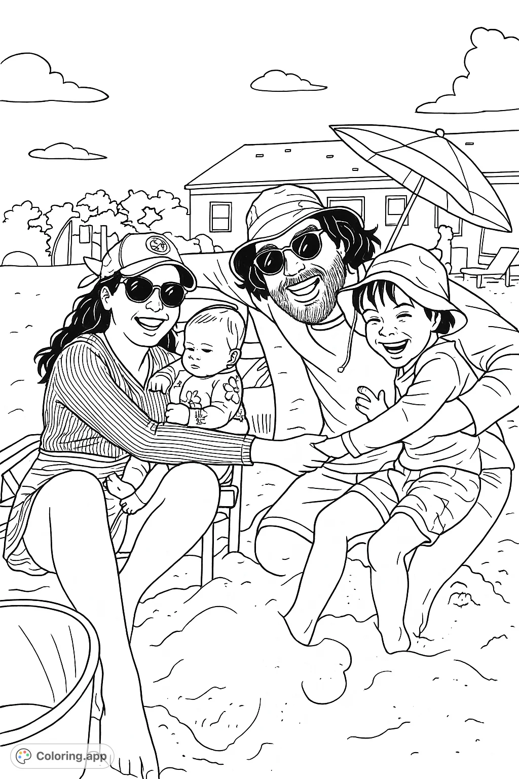 Capture a heartwarming family beach day scene with two adults, an infant, and a young child. Perfect for celebrating family bonds and summer memories.