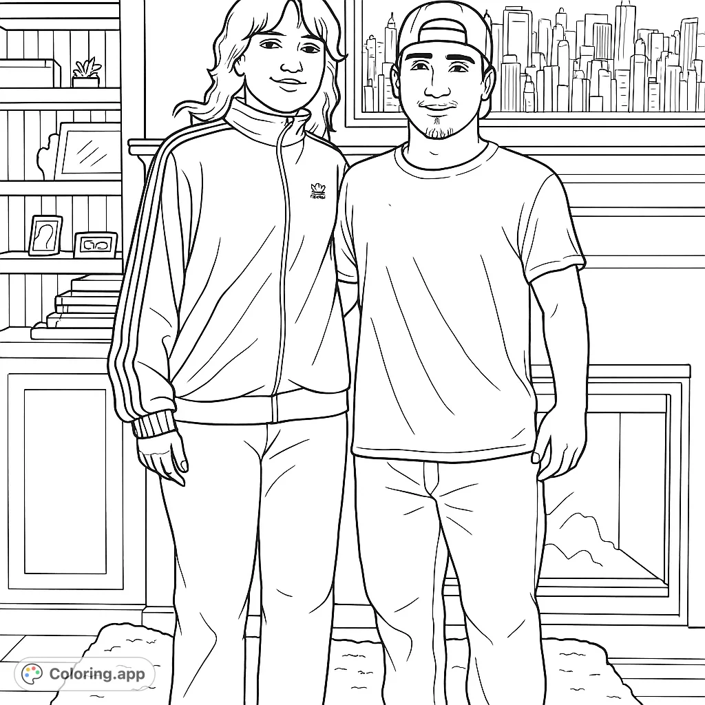 A heartwarming friends coloring page featuring two people posing in a home setting. Perfect for personalizing with your favorite patterns and shades, capturing a special bond.