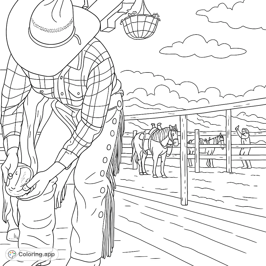 A detailed cowboy coloring page featuring a person tending a horse's hoof in a ranch setting with a corral and distant mountains. Perfect for Western enthusiasts.