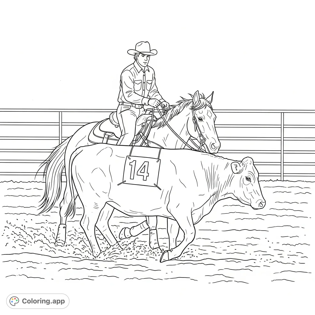 Experience the thrill of a ranch sorting competition. A skillful rider guides a horse alongside a numbered cow, captured in a dynamic western scene.