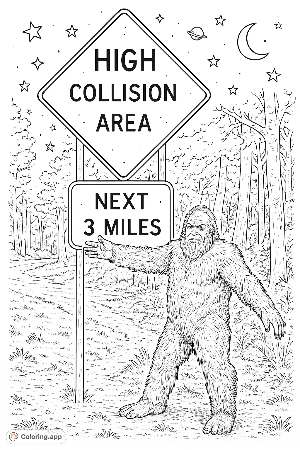 A majestic Bigfoot appears in a starlit forest, reaching towards road signs. A detailed, realistic coloring page with celestial accents, perfect for fantasy enthusiasts.