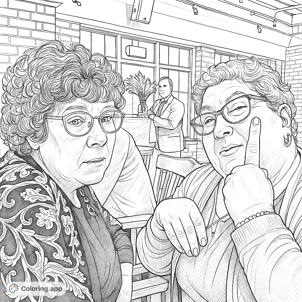 A detailed social gathering scene featuring two women sharing a moment, with intricate clothing patterns and a cozy background. A perfect free printable coloring page for adults.