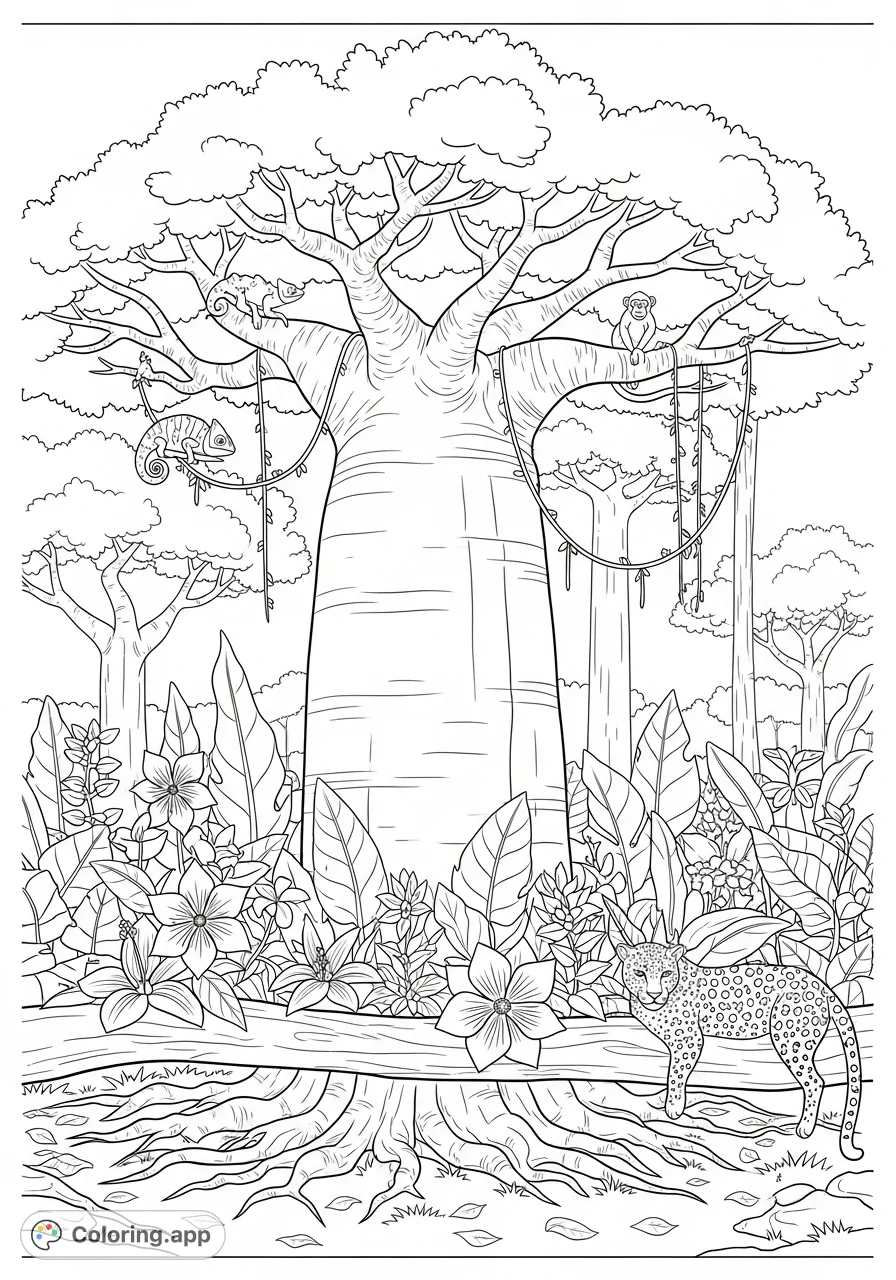 Explore an African rainforest with a grand baobab tree, exotic flowers, and hidden native animals. A detailed nature scene perfect for immersive coloring.