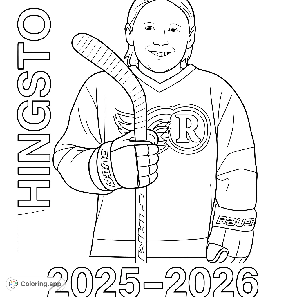 A cheerful young hockey player in a detailed uniform holds a hockey stick, ready for action. Perfect for sports fans and aspiring athletes!