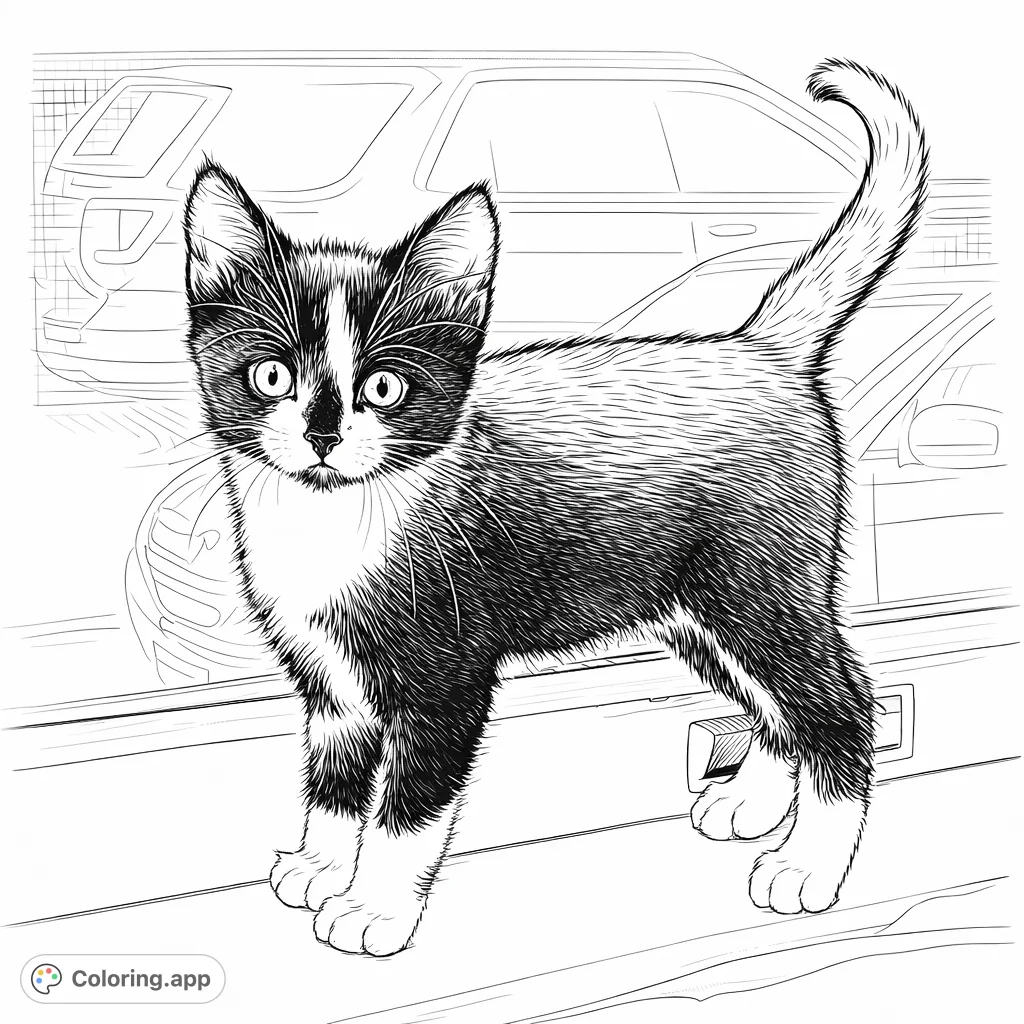 A charming kitten stands on a windowsill, looking inquisitively. This cute feline features distinct markings, a bushy tail, and a curious expression, perfect for coloring.