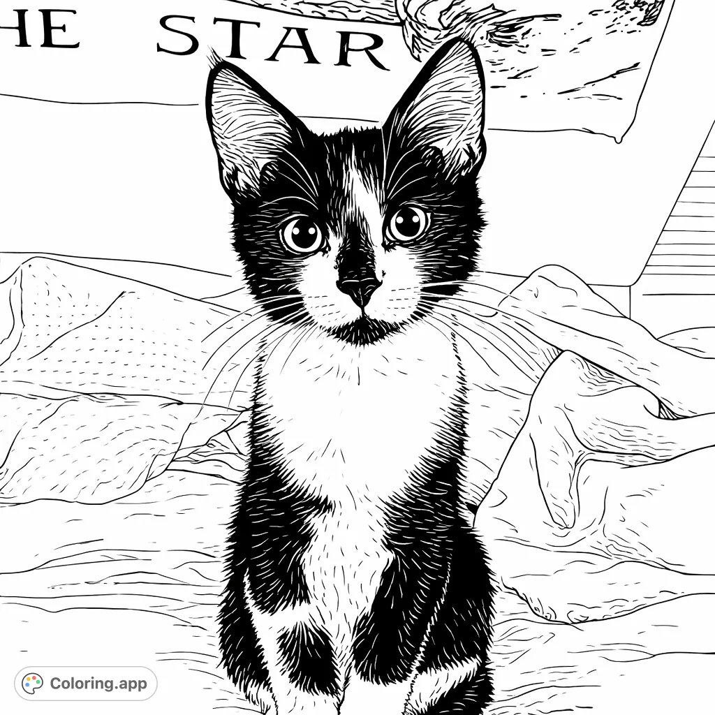 Discover this charming cat coloring page, featuring a sweet feline sitting attentively amidst soft textures. Ideal for cat enthusiasts to bring to life with personalized hues.