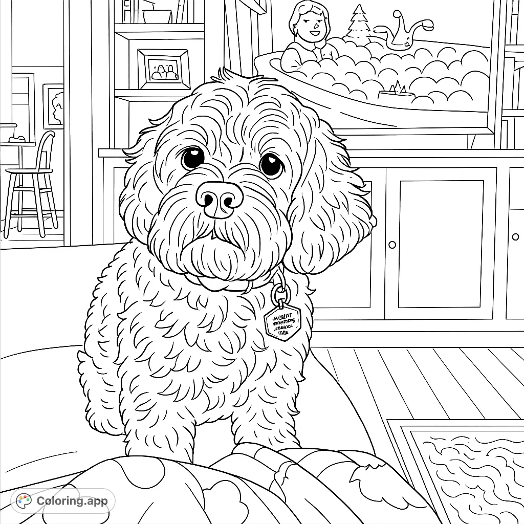 A charming fluffy dog sits attentively on a couch, surrounded by a cozy living room scene with detailed shelves and a whimsical television display. Perfect for pet lovers.