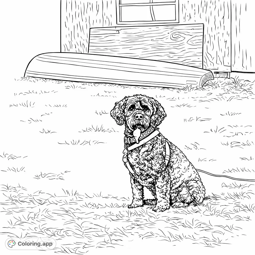 Color a charming curly-haired dog with expressive features, sitting in a textured grassy yard with an overturned boat and a rustic shed in the background.