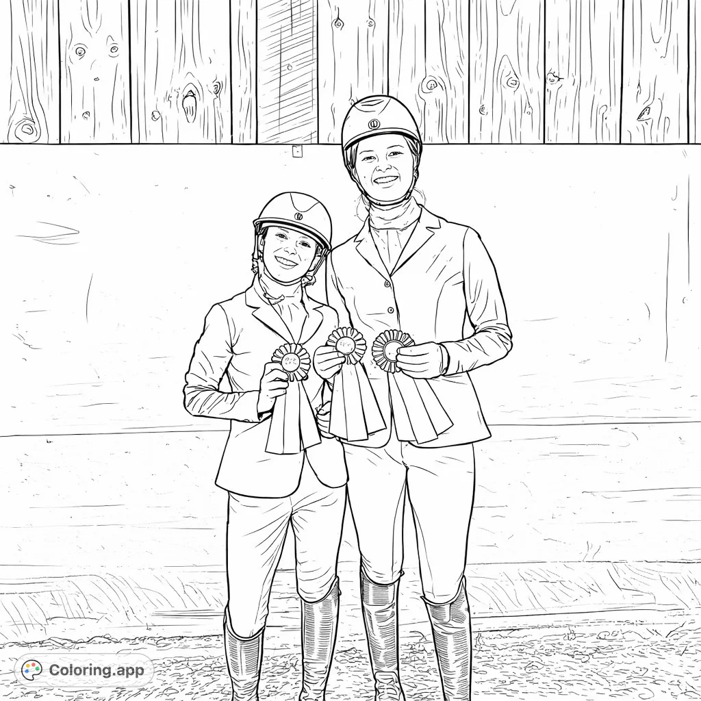 Two smiling equestrians proudly display their ribbons in classic riding attire, perfect for horse enthusiasts and celebration of success.