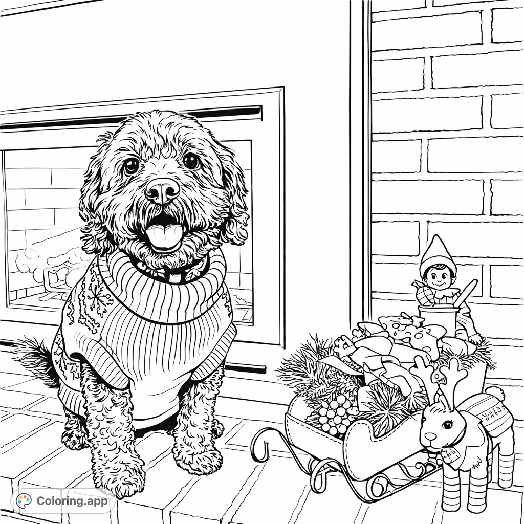 A charming dog in a patterned sweater sits by a fireplace, surrounded by festive decorations including a sleigh, reindeer, and an elf. A delightful scene!