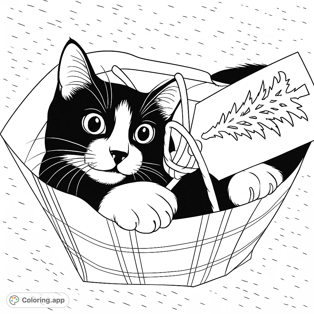 A charming cat peeking from a plaid gift bag with a holiday tag. Perfect for animal lovers and holiday cheer!