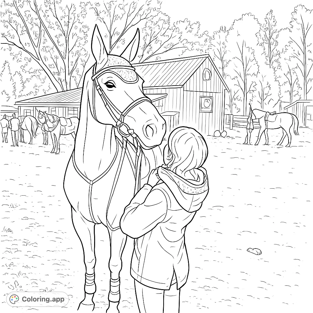 Capture a heartwarming equestrian moment with this detailed horse and person coloring page. Features a majestic horse and a rustic barn setting.