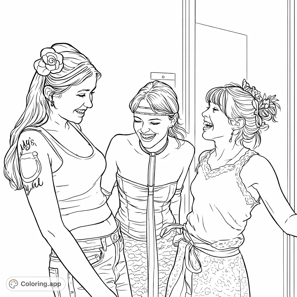 Capture a heartwarming scene of three laughing friends at a festive gathering. This lively coloring page radiates joy and camaraderie for all ages.