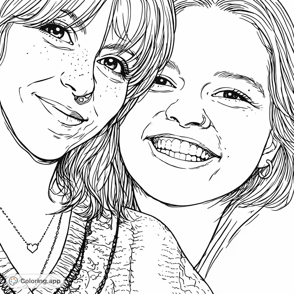 Capture genuine smiles and shared joy with this detailed portrait of two individuals. A delightful friendship coloring page for all ages, perfect for expressing creativity.