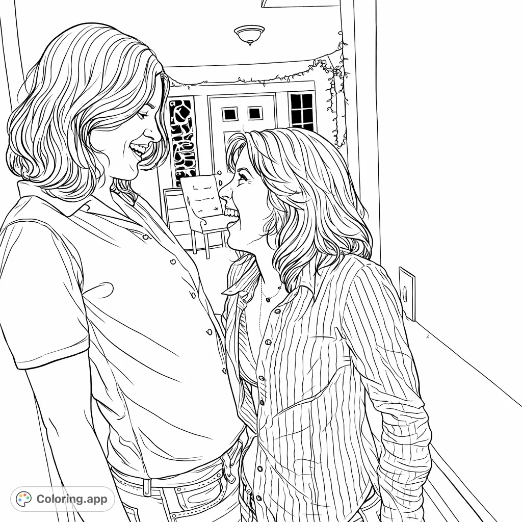 Capture a moment of pure joy and laughter with two individuals sharing a happy interaction in a cozy hallway adorned with string lights. A heartwarming scene.