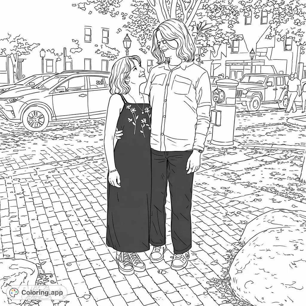 Capture an intimate urban moment on a detailed street, featuring two individuals amidst fall leaves, streetlights, and architectural backgrounds.