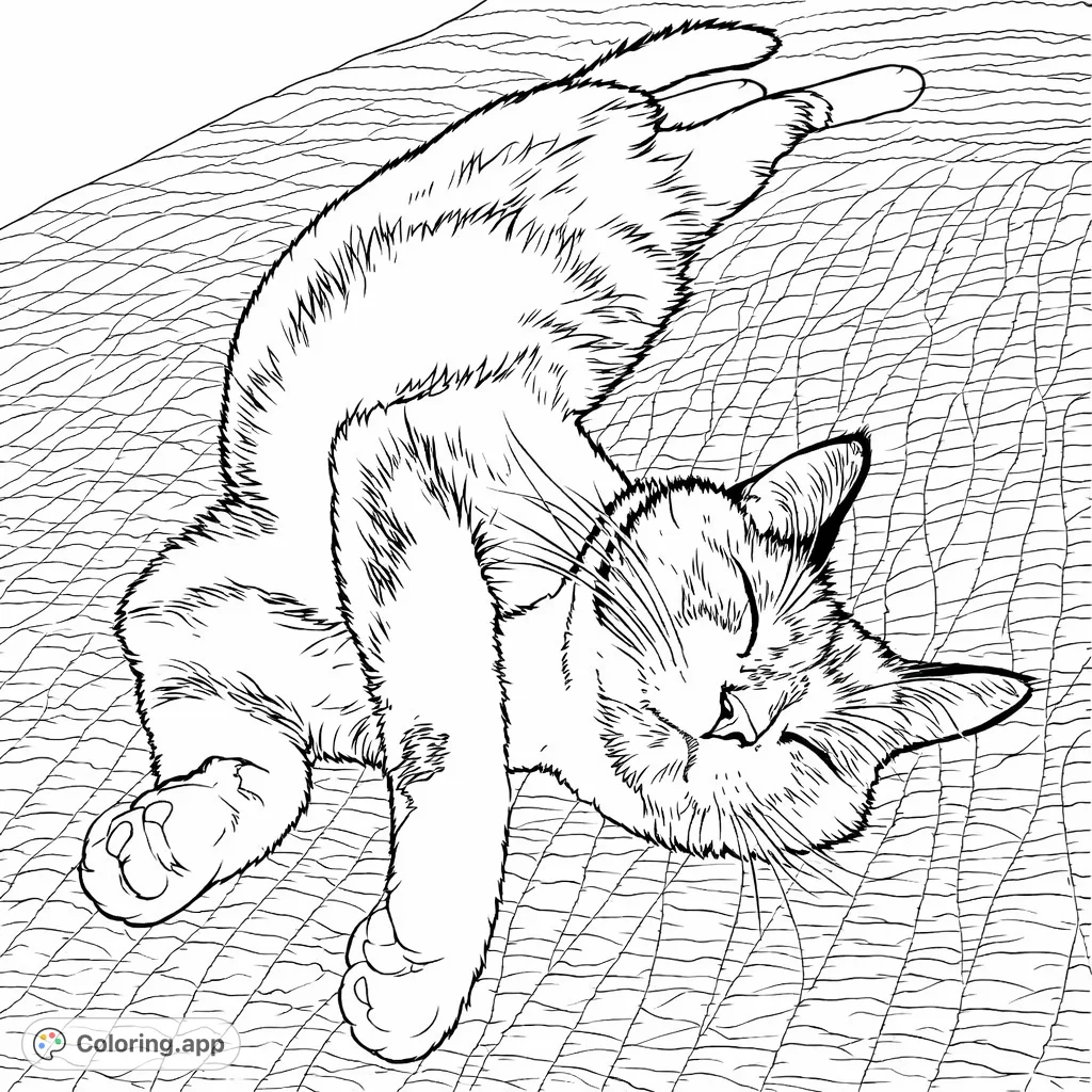 Capture the serene scene of a relaxed cat stretching out on a textured bed. A charming cat coloring page perfect for all animal lovers.