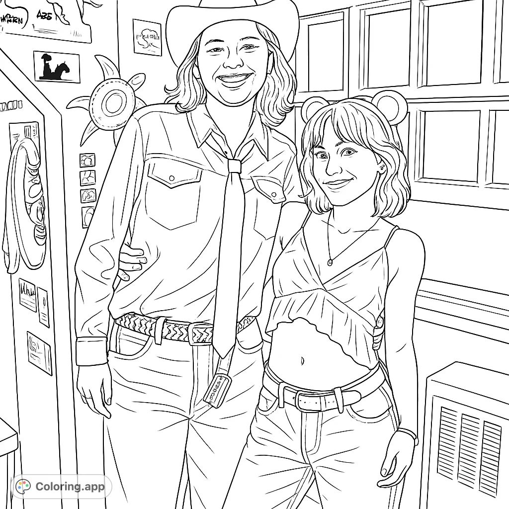 Capture the joyful spirit of two friends in playful costumes: a cowboy-hatted figure and a bear-eared companion, amidst a decorated interior.