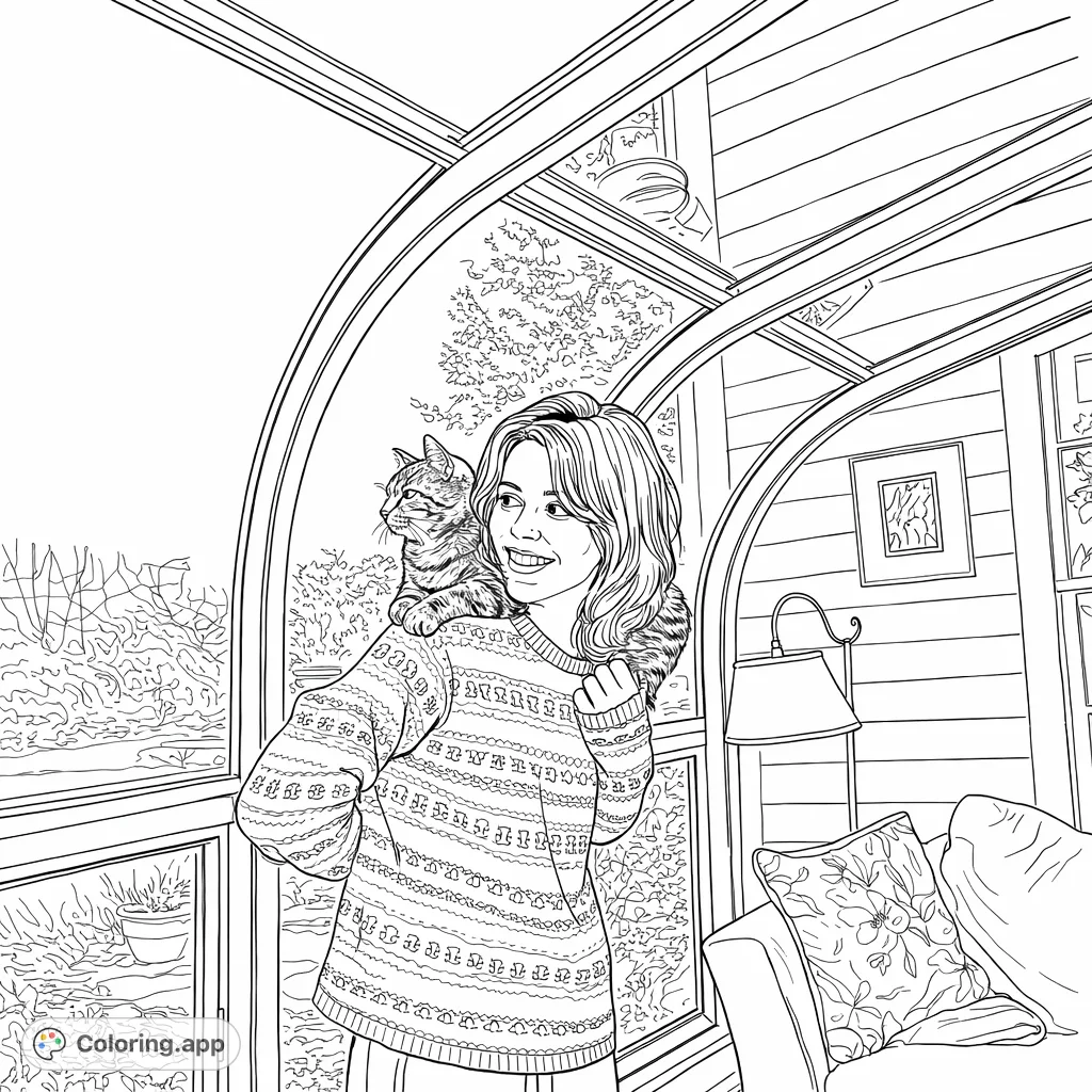 A heartwarming coloring page featuring a woman and her tabby cat in a cozy conservatory, surrounded by glass panels and serene outdoor views.
