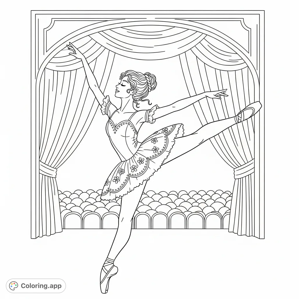 An elegant ballerina performs a dynamic grand jeté on a grand theater stage, featuring a classical tutu and delicate pose, perfect for artistic expression.