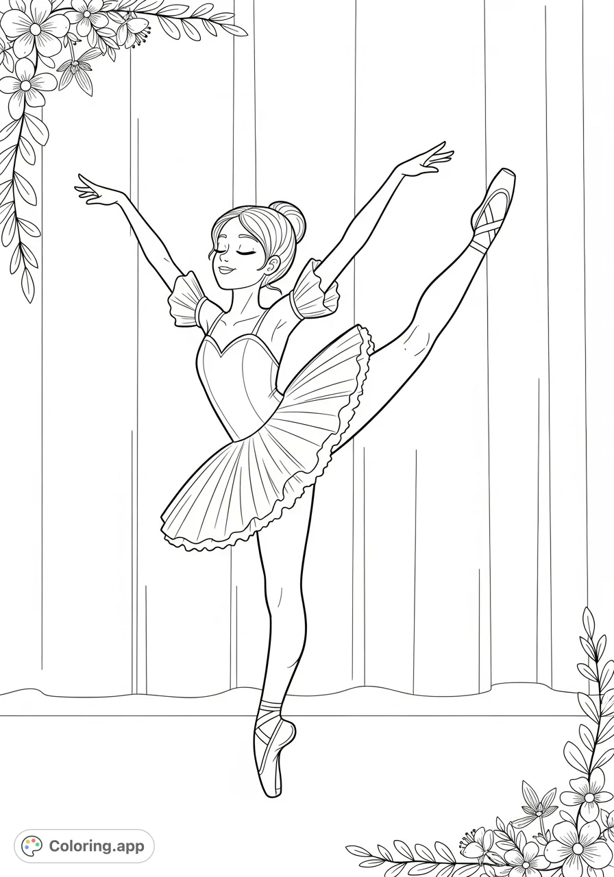 Capture the beauty of dance with this graceful ballerina coloring page. A cheerful young dancer in a mid-leap pose, perfect for all ages.
