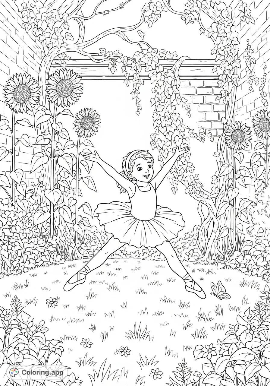 Witness a child ballet dancer's joyful leap amidst a wild garden, framed by sunflowers and ivy-clad brick. A vibrant scene celebrating movement and nature.