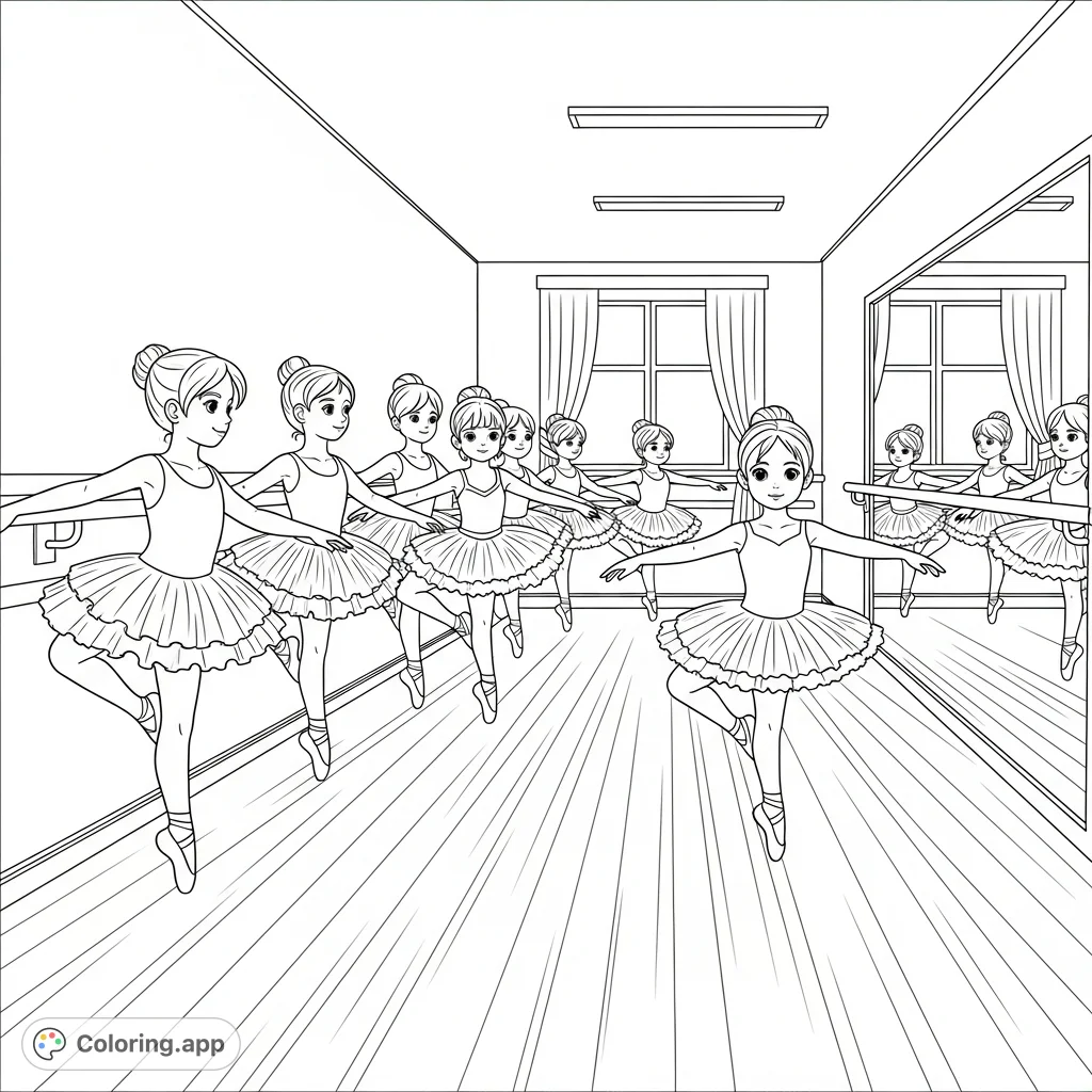 Graceful kid ballerinas practice at the barre in a detailed dance studio. A perfect free printable ballerina coloring page for aspiring dancers.