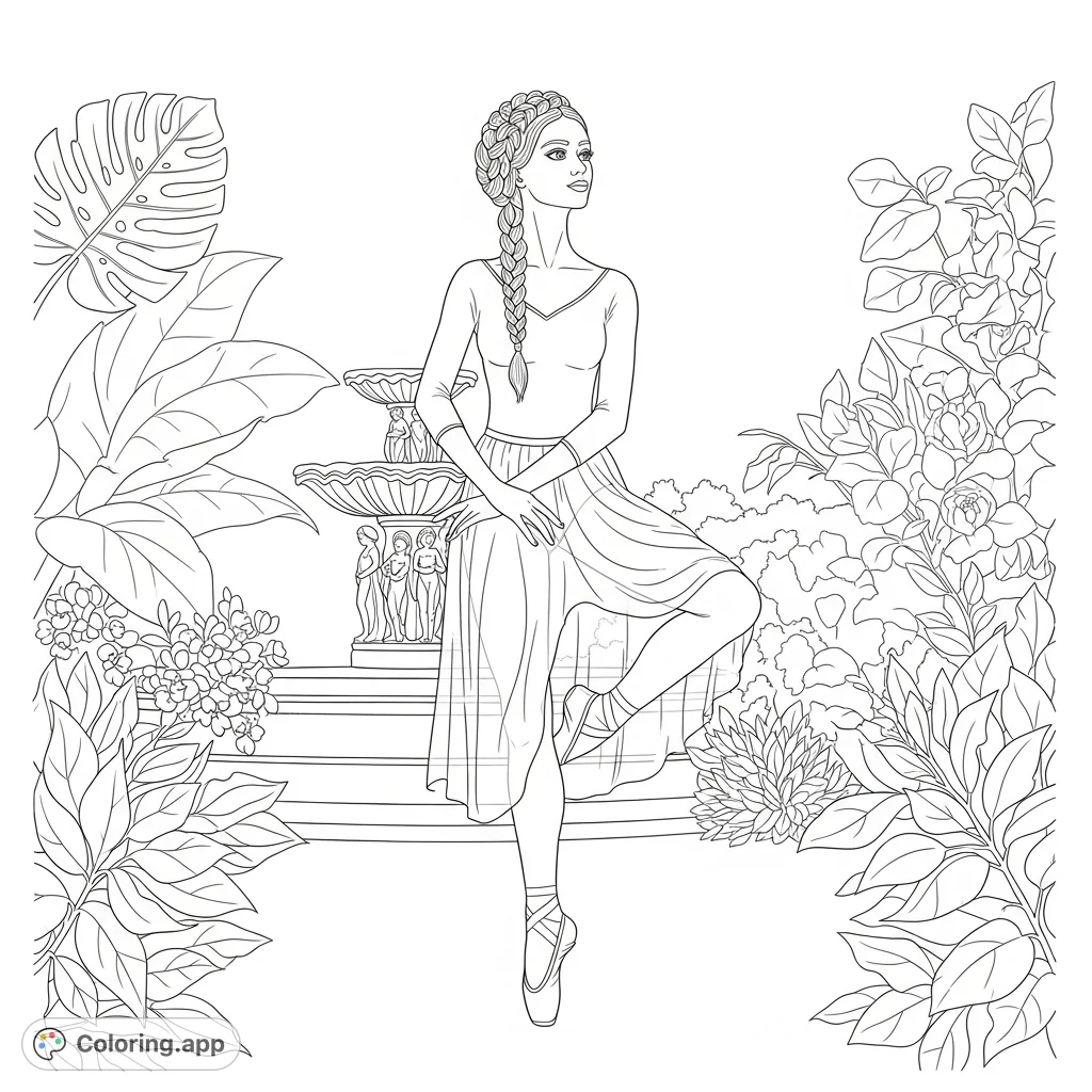 A graceful ballerina, en pointe in an arabesque, amidst lush botanical garden foliage and a classical stone fountain. Perfect for elegant coloring.