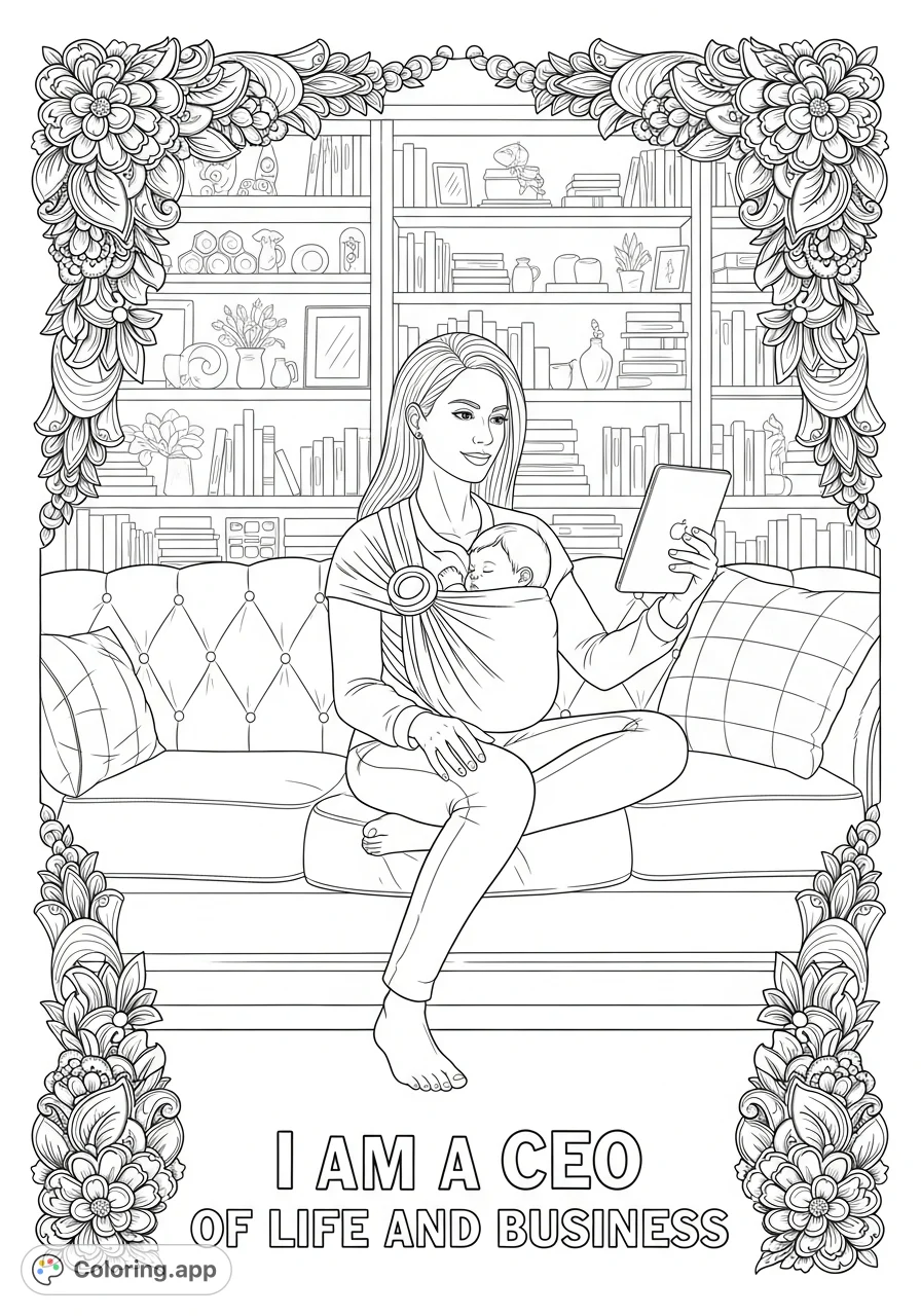 Empowering coloring page featuring a serene woman on a velvet sofa, balancing a video call and sleeping baby, with an affirmation. Intricate floral border.