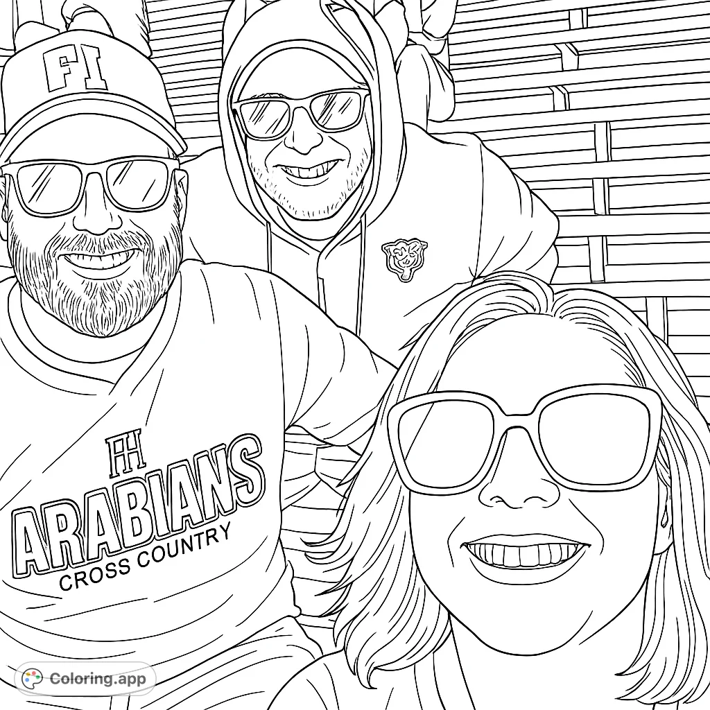 Capture the joy of friendship with this smiling group at the bleachers. Featuring three happy individuals with detailed clothing and a stadium background.