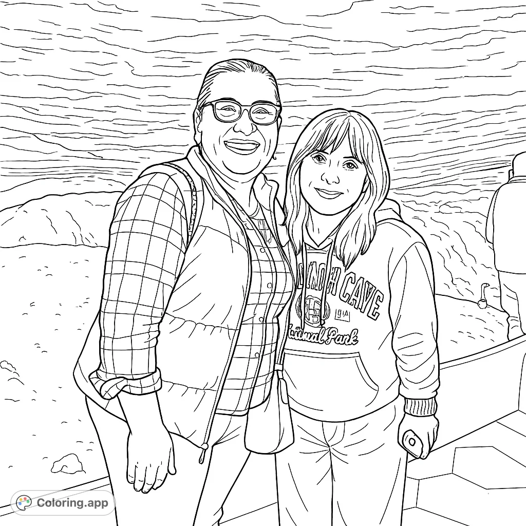 Capture the adventure of two women exploring a cavern. This detailed portrait offers a fun coloring experience with interesting textures and patterns for all ages.