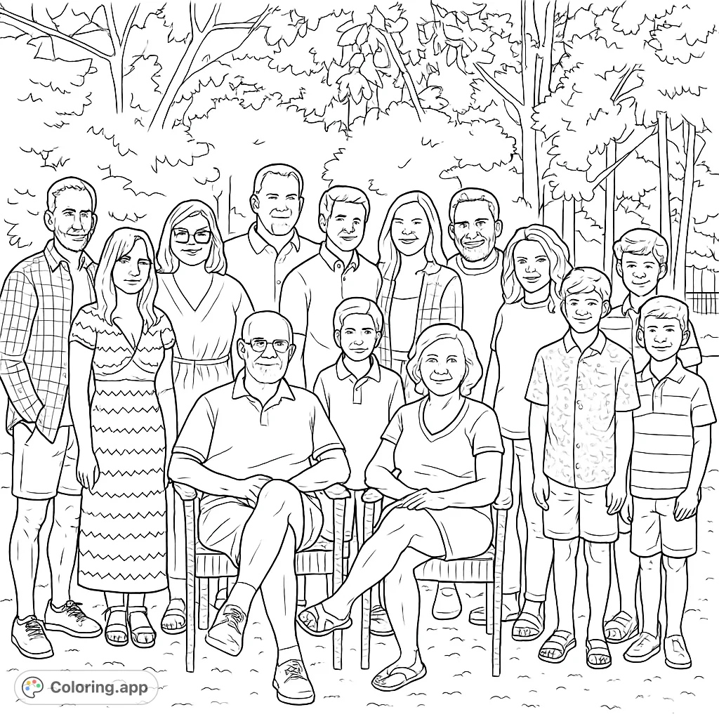 A heartwarming family gathering outdoors, featuring multiple generations posing together, perfect for a relaxing and detailed coloring experience.