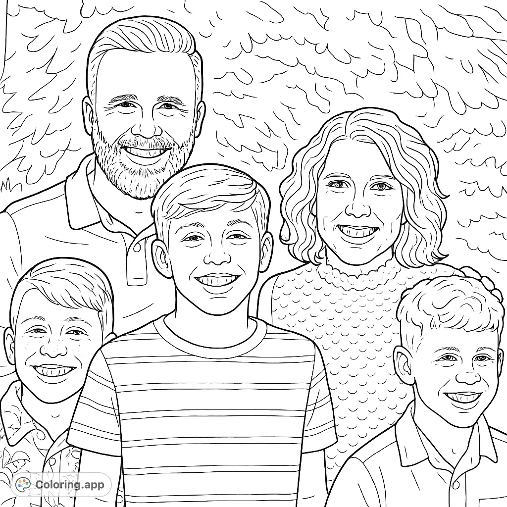 A joyful family of five, including parents and three boys, smiles warmly against a natural background. Perfect for a heartwarming family portrait coloring page.