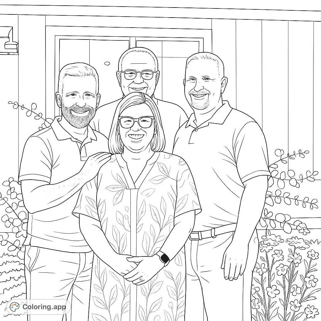 Capture a moment of joy with this happy family and friends coloring page. Features four smiling individuals in a delightful outdoor setting with charming botanical details.