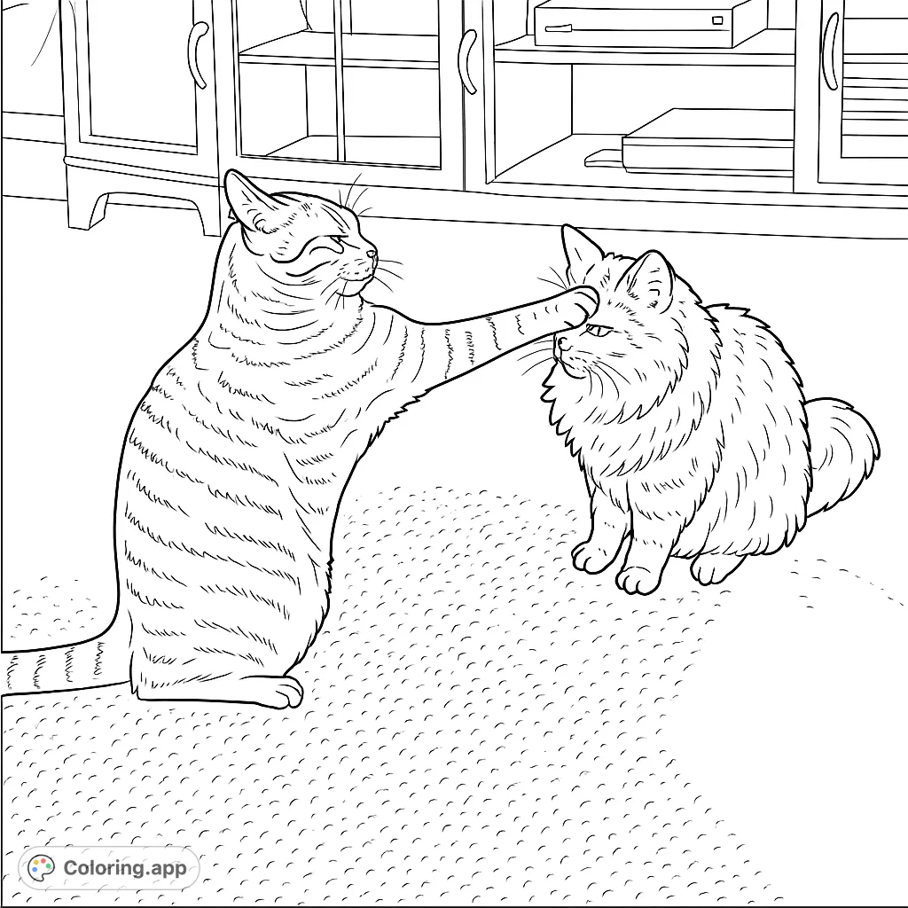 A delightful scene of two cats playing, one reaching out to playfully tap the other on the face. Perfect for cat lovers to bring to life with their favorite shades.