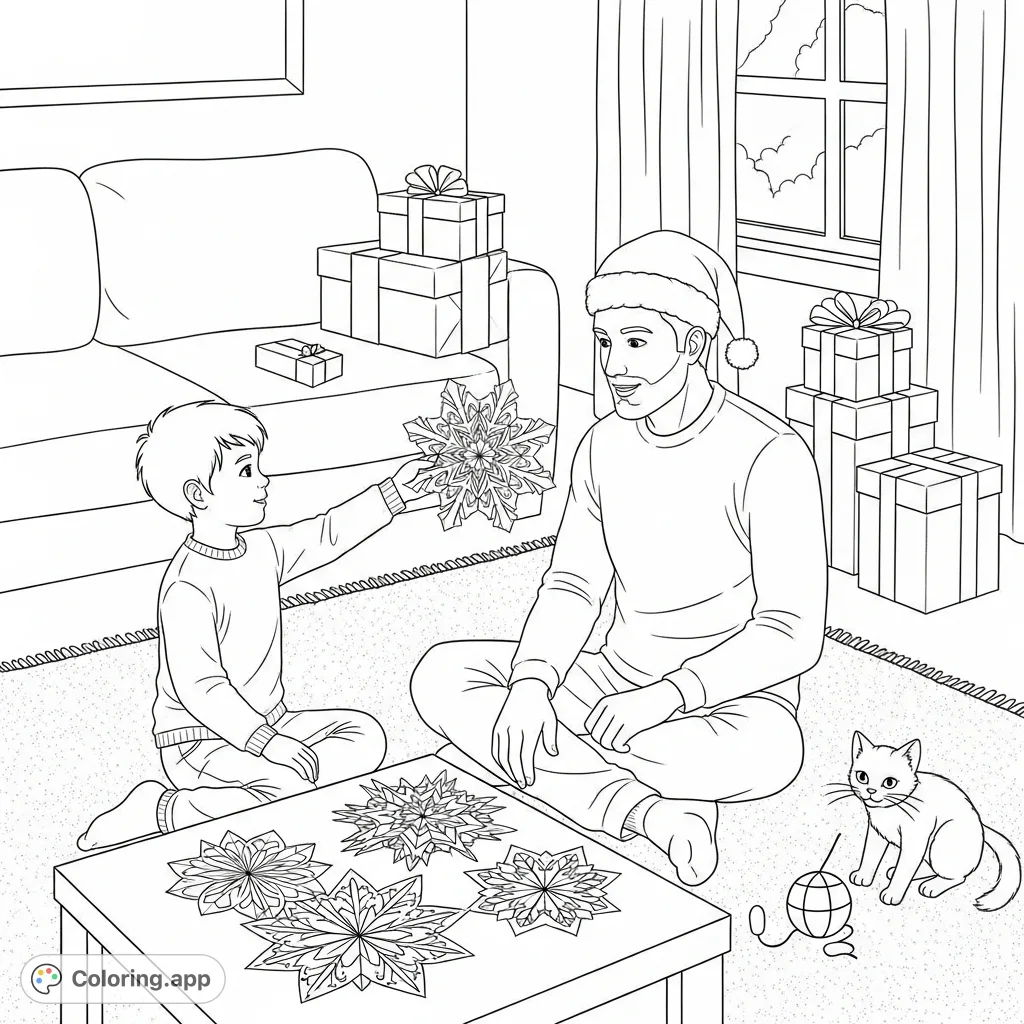 A heartwarming family crafting coloring page featuring a father and son making paper snowflakes, with their playful cat and wrapped presents in a cozy living room scene.