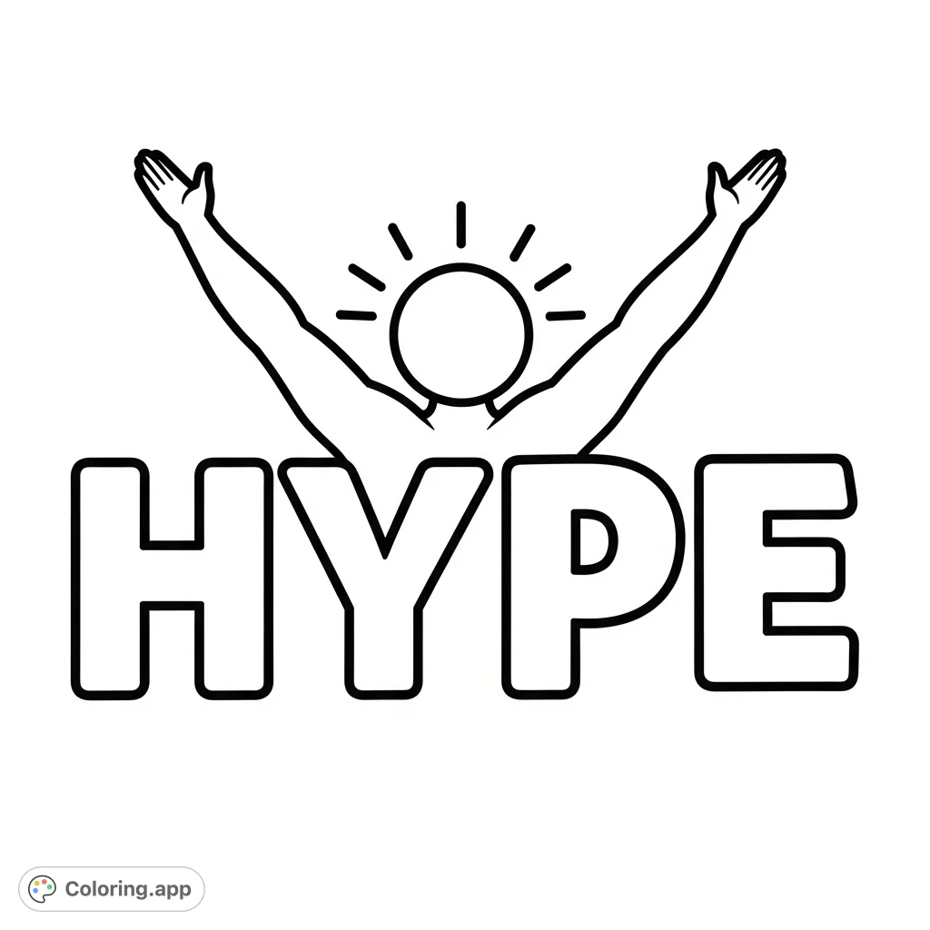 A dynamic HYPE coloring page featuring an abstract figure with radiant head and raised arms replacing the 'Y', creating an energetic word art design.
