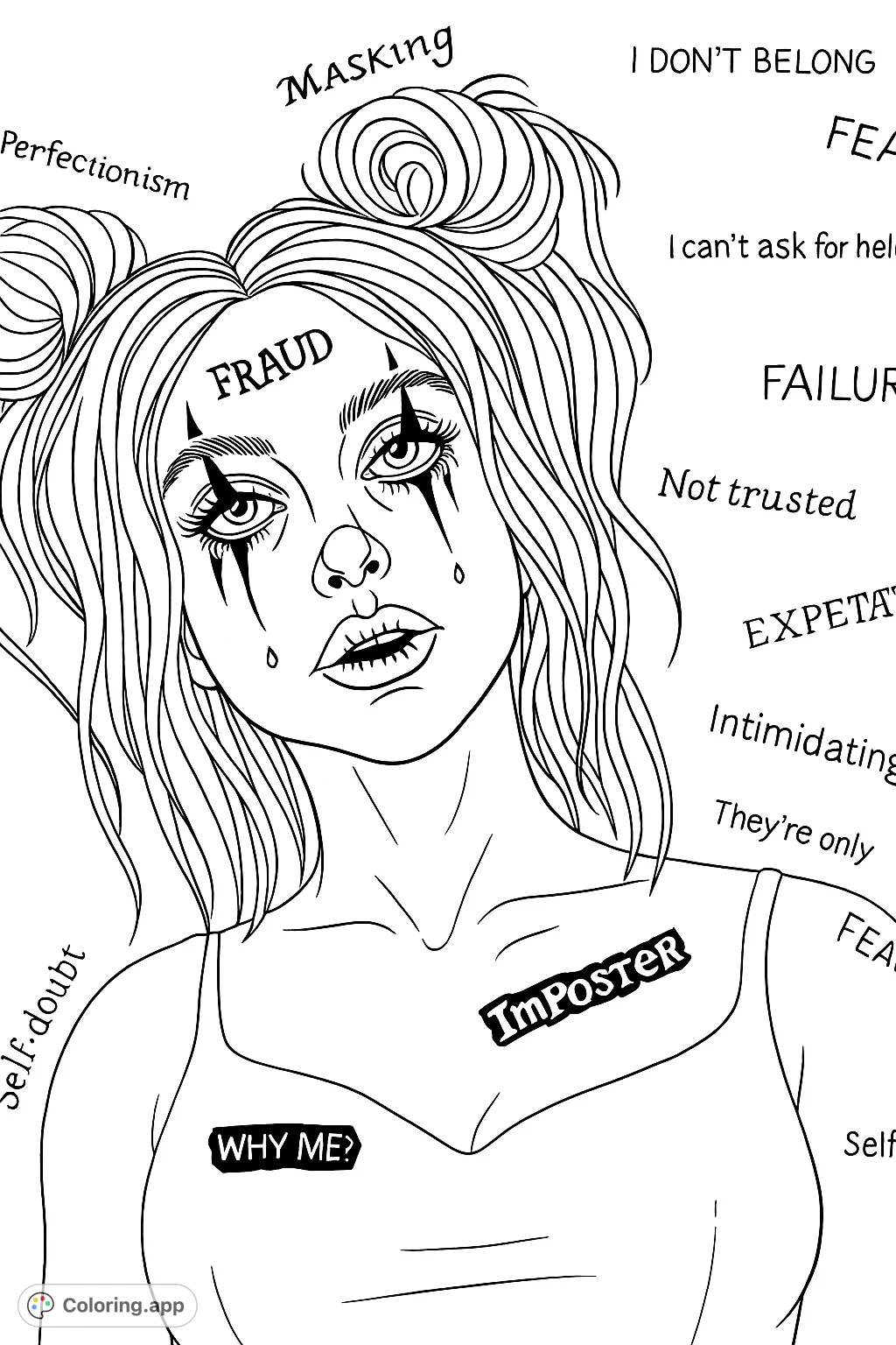 Explore a poignant emotional portrait featuring a figure with stylized clown makeup and hair, surrounded by words of inner struggle and self-reflection.