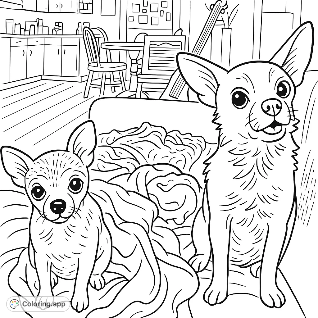 A charming chihuahua coloring page featuring two adorable pups on a cozy couch, ready for creative expression and heartwarming fun.