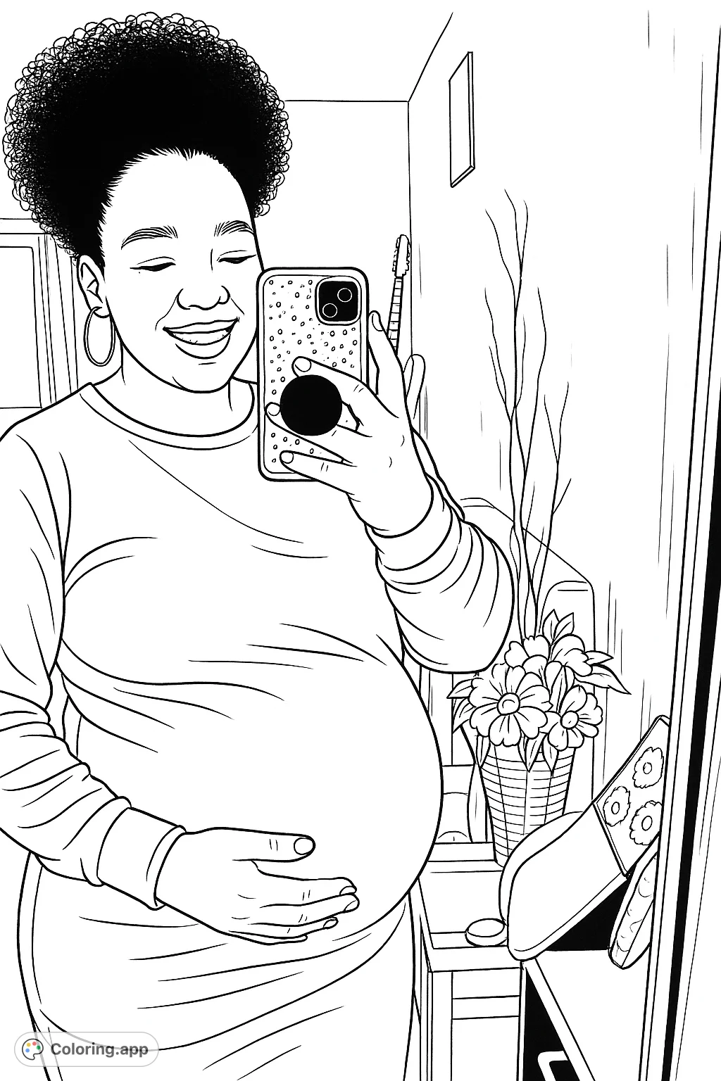 Capture the tender moment of an expectant mother with voluminous hair, smiling warmly and cradling her belly in this heartwarming coloring page. Perfect for celebrating new life.